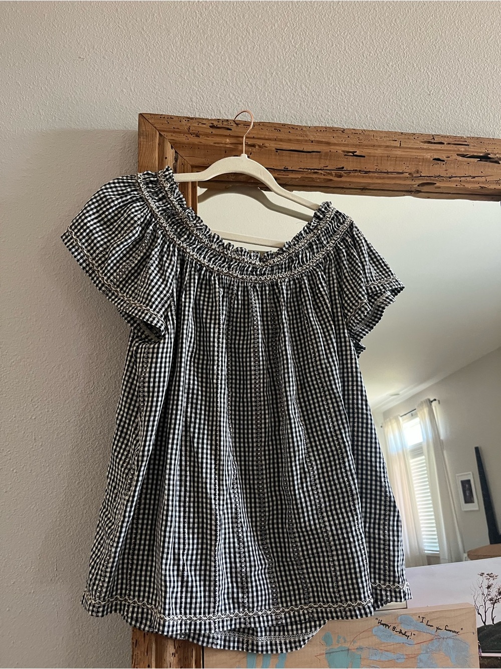 Max Studio Black & White Gingham Smocked Neck Top